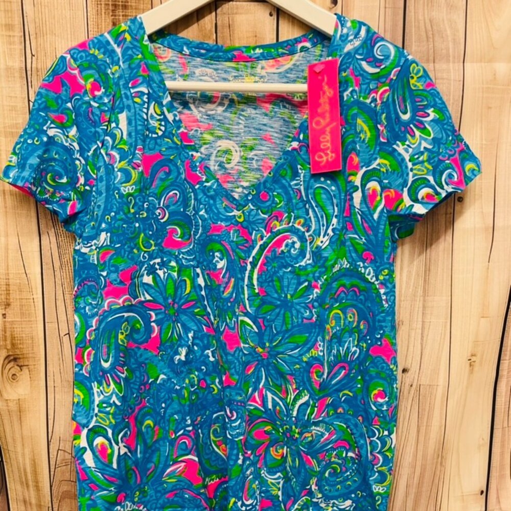NWT Lilly Pulitzer Etta V-Neck Top Seabreeze Blue Hey Gull Friend